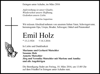 Anzeige von Emil Holz von Reutlinger Generalanzeiger