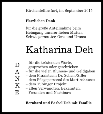 Anzeige von Katharina Deh von Reutlinger Generalanzeiger
