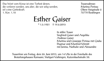 Anzeige von Esther Gaiser von Reutlinger Generalanzeiger