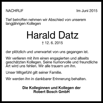 Anzeige von Harald Datz von Reutlinger Generalanzeiger