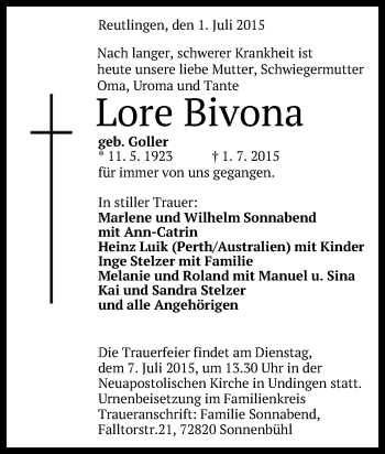 Anzeige von Lore Bivona von Reutlinger Generalanzeiger