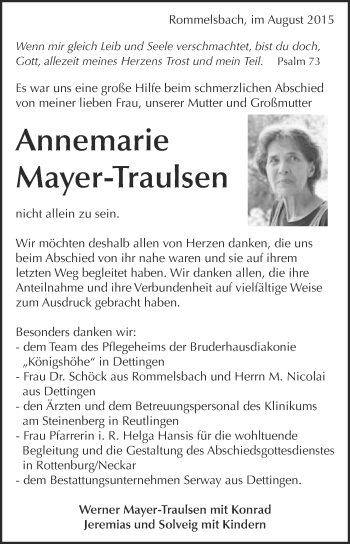 Anzeige von Annemarie Mayer-Traulsen von Reutlinger Generalanzeiger