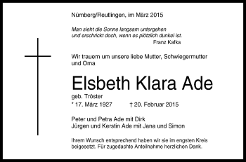 Anzeige von Elsbeth Klara Ade von Reutlinger Generalanzeiger