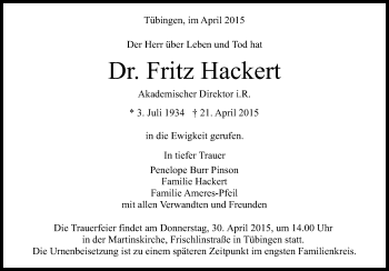 Anzeige von Fritz Hackert von Reutlinger Generalanzeiger