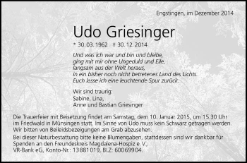 Anzeige von Udo Griesinger von Reutlinger Generalanzeiger