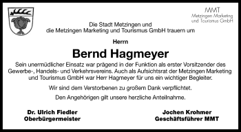 Anzeige von Bernd Hagmeyer von Reutlinger Generalanzeiger
