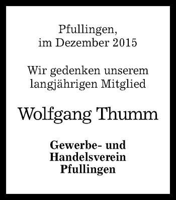 Anzeige von Wolfgang Thumm von Reutlinger Generalanzeiger