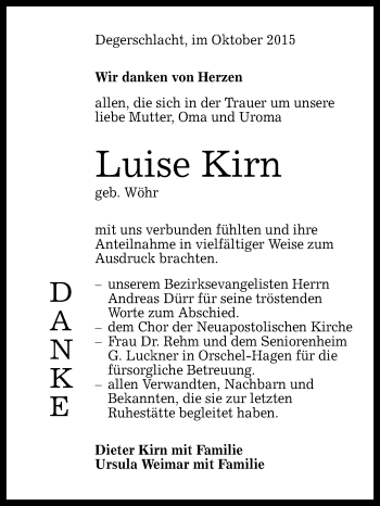Anzeige von Luise Kirn von Reutlinger Generalanzeiger