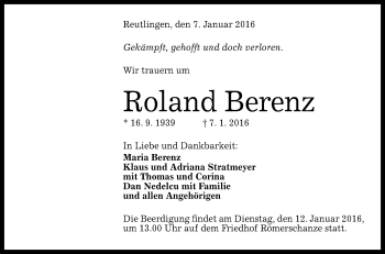 Anzeige von Roland Berenz von Reutlinger Generalanzeiger