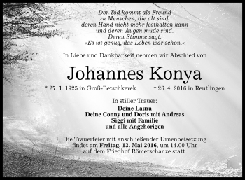 Anzeige von Johannes Konya von Reutlinger Generalanzeiger