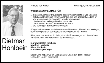 Anzeige von Dietmar Hohlbein von Reutlinger Generalanzeiger