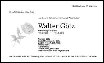 Anzeige von Walter Götz von Reutlinger Generalanzeiger