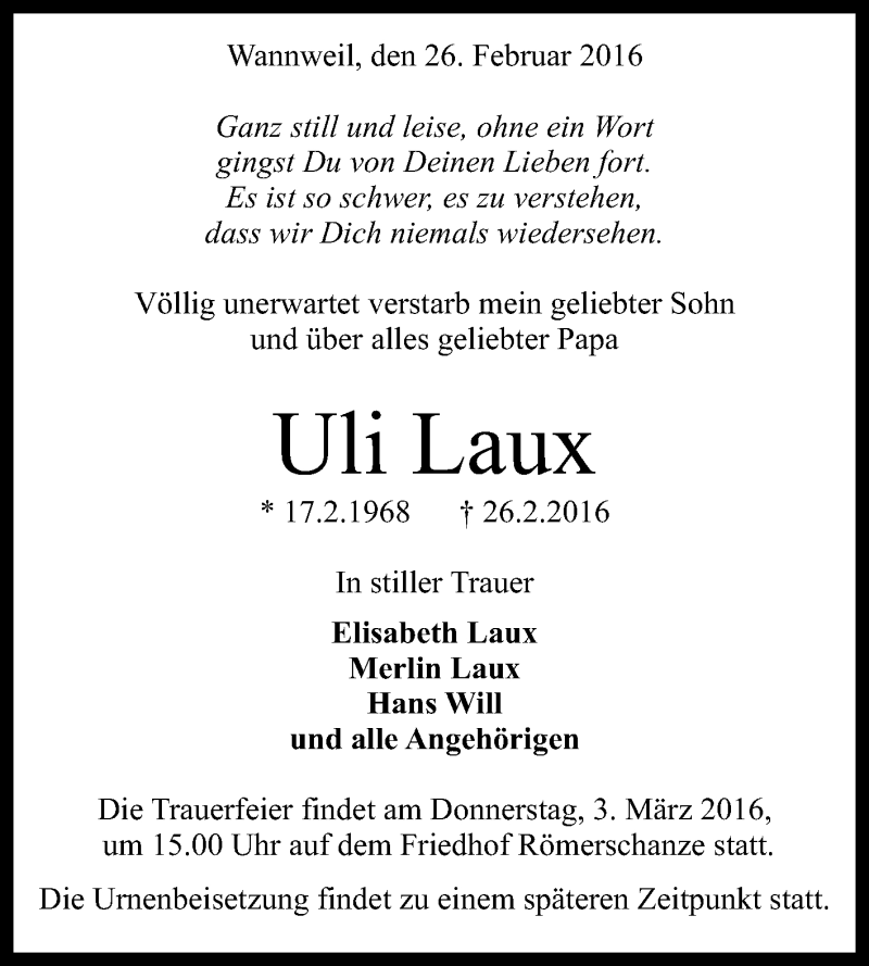  Traueranzeige für Uli Laux vom 01.03.2016 aus Reutlinger Generalanzeiger
