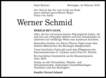 Anzeige von Werner Schmid von Reutlinger Generalanzeiger