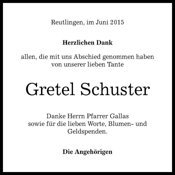 Anzeige von Gretel Schuster von Reutlinger Generalanzeiger