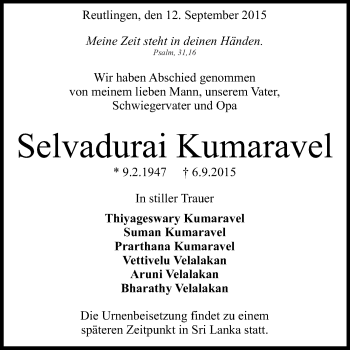 Anzeige von Selvadurai Kumaravel von Reutlinger Generalanzeiger