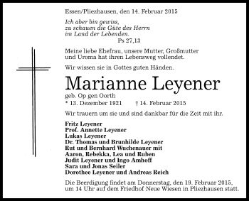 Anzeige von Marianne Leyener von Reutlinger Generalanzeiger