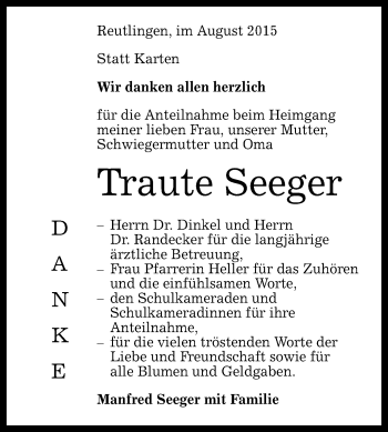 Anzeige von Traute Seeger von Reutlinger Generalanzeiger