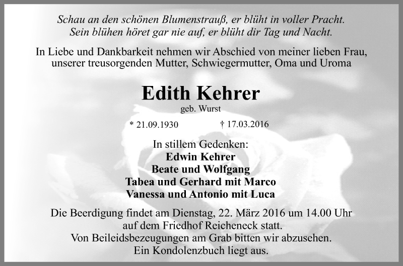  Traueranzeige für Edith Kehrer vom 19.03.2016 aus Reutlinger Generalanzeiger