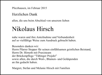 Anzeige von Nikolaus Hirsch von Reutlinger Generalanzeiger