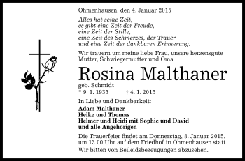 Anzeige von Rosina Malthaner von Reutlinger Generalanzeiger