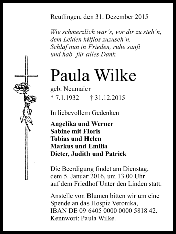 Anzeige von Paula Wilke von Reutlinger Generalanzeiger