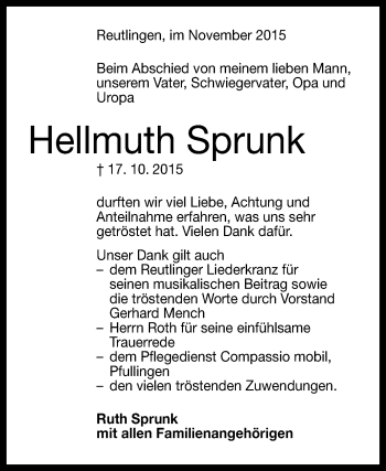 Anzeige von Hellmuth Sprunk von Reutlinger Generalanzeiger