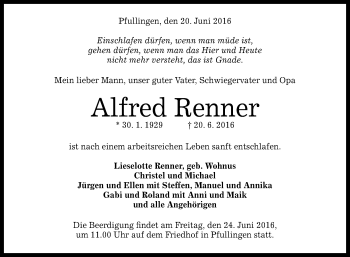 Anzeige von Alfred Renner von Reutlinger Generalanzeiger