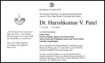 Anzeige von Harishkumar V. Patel von Reutlinger Generalanzeiger