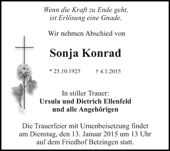 Anzeige von Sonja Konrad von Reutlinger Generalanzeiger