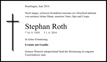 Anzeige von Stephan Roth von Reutlinger Generalanzeiger