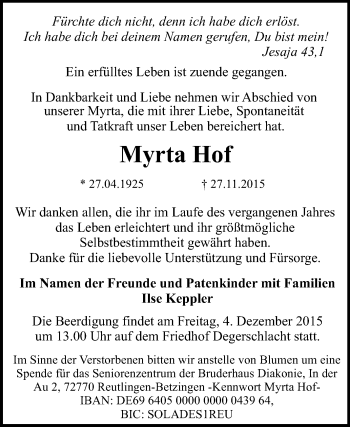 Anzeige von Myrta Hof von Reutlinger Generalanzeiger