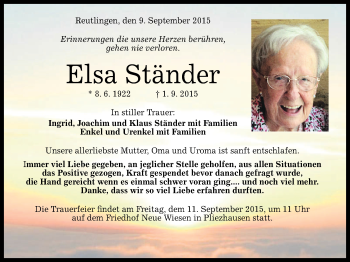 Anzeige von Elsa Ständer von Reutlinger Generalanzeiger