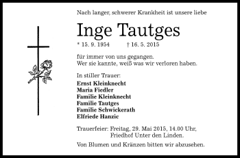 Anzeige von Inge Tautges von Reutlinger Generalanzeiger