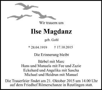 Anzeige von Ilse Magdanz von Reutlinger Generalanzeiger