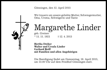 Anzeige von Margarethe Linder von Reutlinger Generalanzeiger
