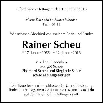 Anzeige von Rainer Scheu von Reutlinger Generalanzeiger