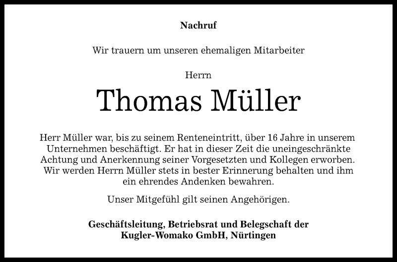  Traueranzeige für Thomas Müller vom 21.01.2016 aus Reutlinger Generalanzeiger
