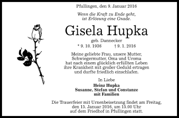 Anzeige von Gisela Hupka von Reutlinger Generalanzeiger