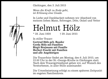 Anzeige von Helmut Hölz von Reutlinger Generalanzeiger