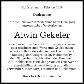 Anzeige von Alwin Gekeler von Reutlinger Generalanzeiger