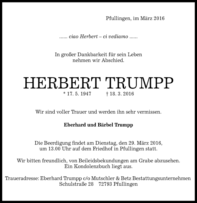 Traueranzeige für Herbert Trumpp vom 22.03.2016 aus Reutlinger Generalanzeiger