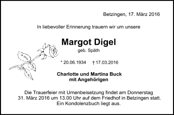 Anzeige von Margot Digel von Reutlinger Generalanzeiger