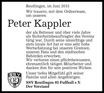 Anzeige von Peter Kappler von Reutlinger Generalanzeiger