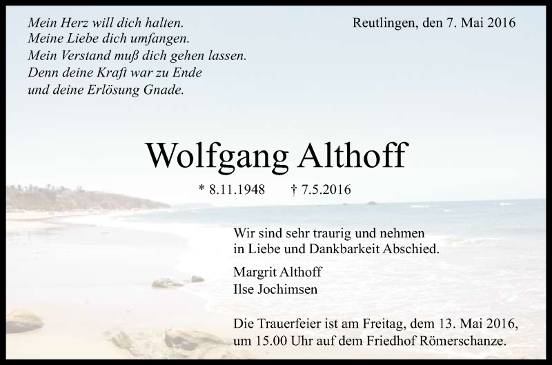  Traueranzeige für Wolfgang Althoff vom 11.05.2016 aus Reutlinger Generalanzeiger