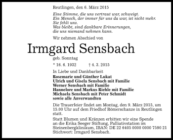 Anzeige von Irmgard Sensbach von Reutlinger Generalanzeiger