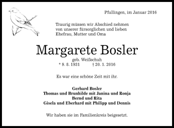 Anzeige von Margarete Bosler von Reutlinger Generalanzeiger