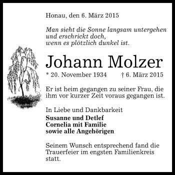 Anzeige von Johann Molzer von Reutlinger Generalanzeiger