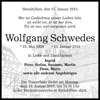 Anzeige von Wolfgang Schwedes von Reutlinger Generalanzeiger