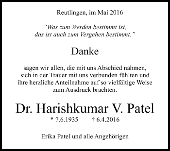 Anzeige von Harishkumar V. Patel von Reutlinger Generalanzeiger